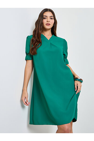 Take Two By Styli Green Puff Sleeves A-Line Knee Length Dress