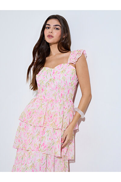 Styli Pink Floral Print Layered Maxi Dress