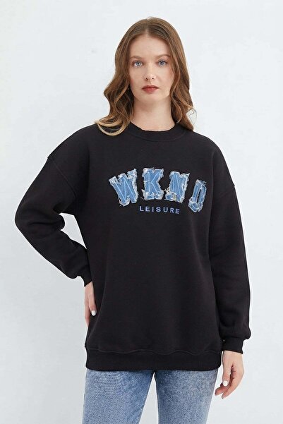 Fulla Moda 3 Thread Denim Embroidered Oversize Sweatshirt