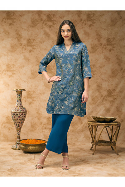 Silver Lime By Styli Navy Blue V Neck Zari Embroidered Co-ord Set