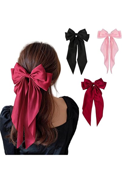 Arabest 3-Piece Elegant Long Bow Hair Clips,Satin Fabric French Metal Clip Ba...