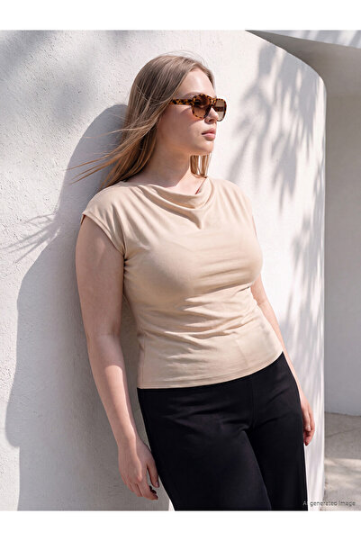 LC Waikiki Lcwaikiki Curve Beige Plus Size Boat Neck Soft Touch T-Shirt