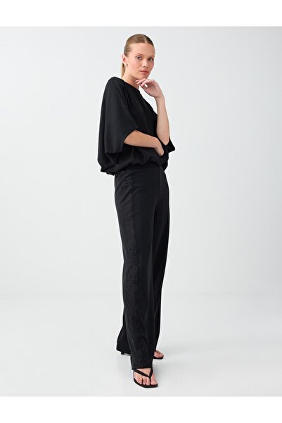 Jimmy Key Black Elastic Waist Straight Cut Long Modal Trousers