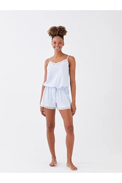 LC Waikiki LCW DREAM Mavi V Yaka Dantel Detaylı Askılı Kadın Şortlu Tulum Pijama