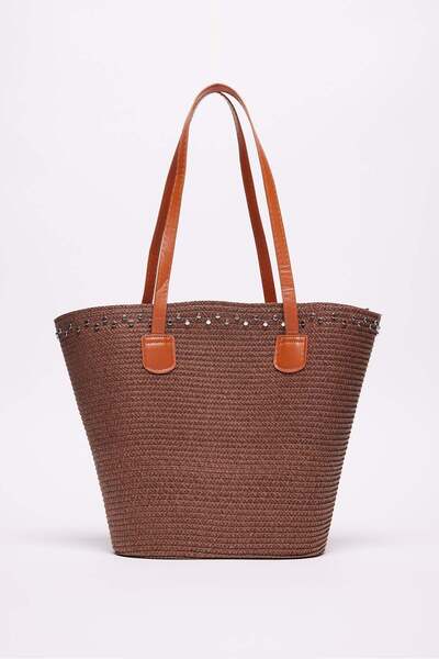 PAULMARK Women's Studded Detailed Straw Shoulder Bag