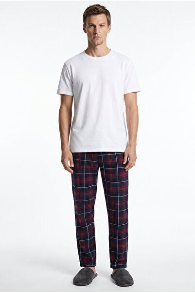 Sementa Plaid Patterned Cotton Pajama Bottoms with Pockets - Burgundy