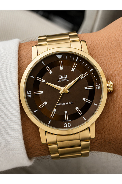 Q&Q Men's Watch Gold Color Brown Dial Combination Stylish and Modern Design G...