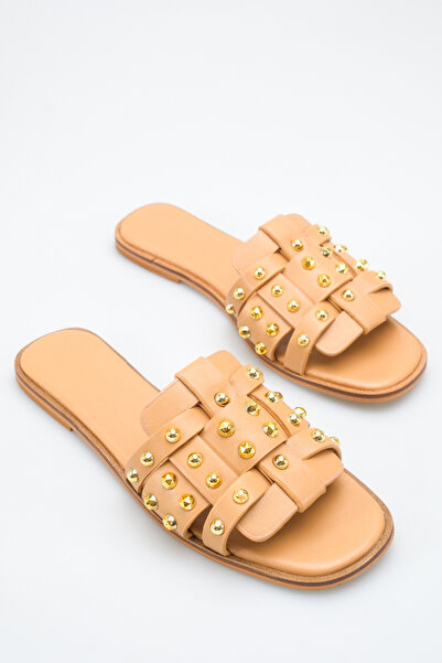 Ayakkabı Delisiyim Beige Leather Women's Slippers with Metal Staple Buckle Ac...