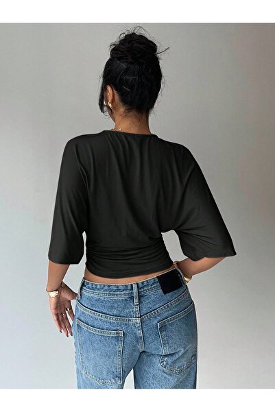Maly Love Kadın Siyah Yarasa Kol Crop Bluz Büzgülü Bel Detaylı Şık Basic Bluz