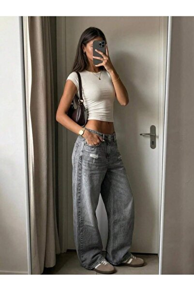 MARA BRANCO Kadın Gri Düşük Bel Yırtık Detaylı Wide Leg Bol Paça Jean Pantolon