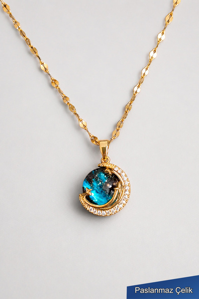 THE Steel Blue Planet Stone Gold Color Stainless Steel Women's Necklace