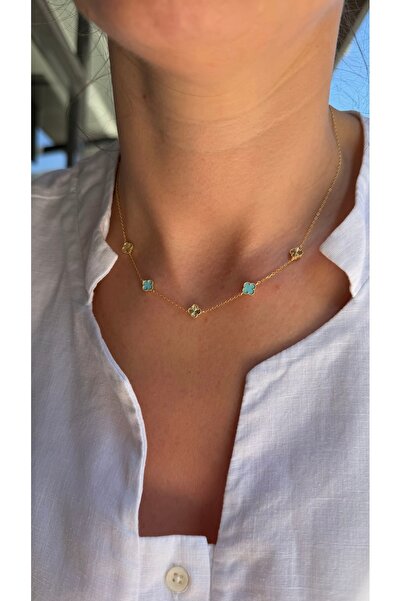 Tep's Jewellery Çoklu gümüş turkuaz sedefli mini yonca kolye