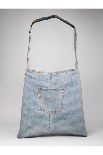Levi's , Geanta din denim cu buzunar frontal, Albastru deschis, model stripes...