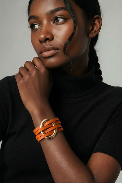 LYKOS Orange Color Multi-Stripe Ring Detailed Textured Bracelet - Thick Desig...