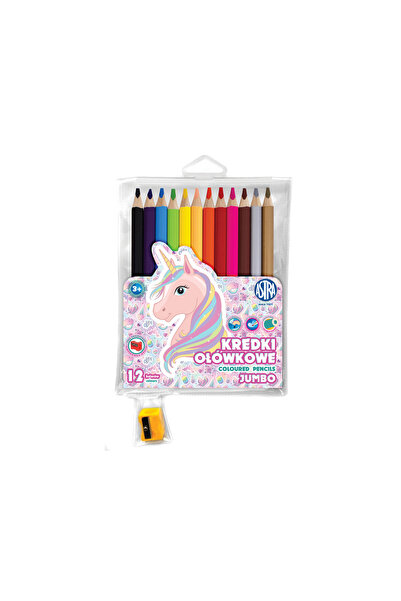 Astra Set creioane rotunde colorate cu ascutitoar, Unicorn jumbo, Astra, 12 c...