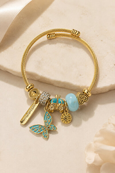 PABALAS Women's Gold Steel Charm Bracelet with Turquoise Butterfly Heart and ...