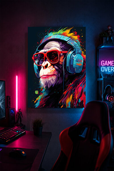 Lucena Pictură murală metalică cu cimpanzeu de gaming, cu căști, decor pentru...