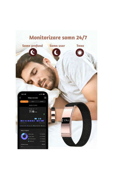 Lommad Bratara Fitness Smart Lommad® Unisex, Apel Bluetooth, Ritm cardiac, Oxigen sange, Monitorizare somn, Stres, Notificari, Moduri sport, IPX8, Android & iOS, Auriu + CADOU bratara textila