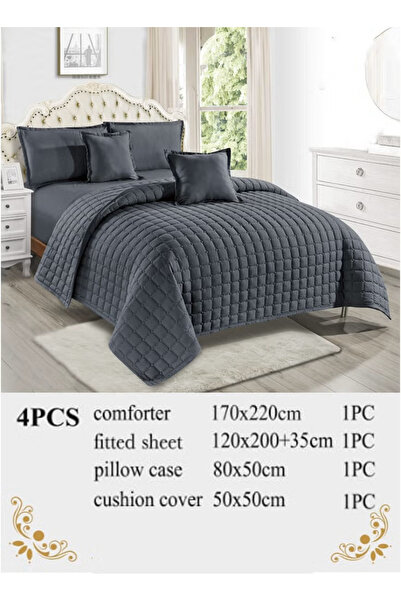 Moon Elegant Plaid Quilted Plain Bedspread - 4 Pieces - 170X220Cm Duvet - 120X200+35Cm Deep Pocket Sheet with Pillowcase and Decorative Pillow Cover