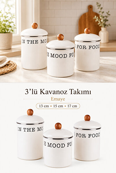 Poomy 3’lü Emaye Kavanoz Takımı 13-15-17 cm Kapaklı Saklama Kabı