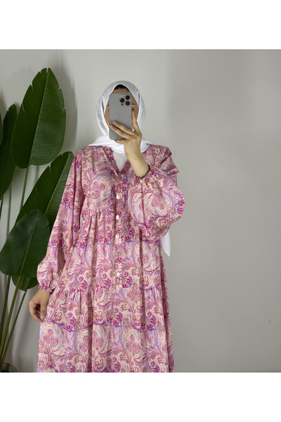 Bella Vita Fashion Bella Vita Tesettür V Yaka Düğmeli Desenli Kat Kat Maxi El...