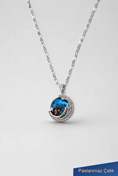 THE Steel Blue Planet Stone Silver Color Stainless Steel Women's Necklace