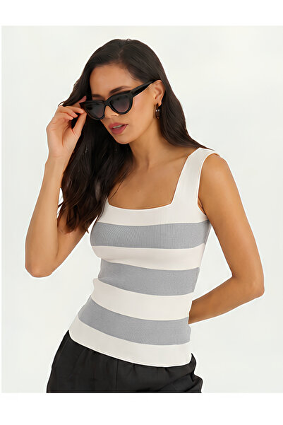 BY ARDELION Square Neck Striped Knitwear Athlete Women's Slim Fit Stylish Kni...