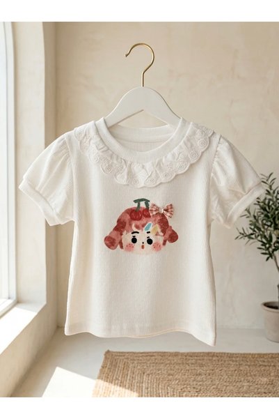 chipiques Short Sleeve Scallop Collar Ecru Color Cute Girl's Printed Cotton T-Shirt
