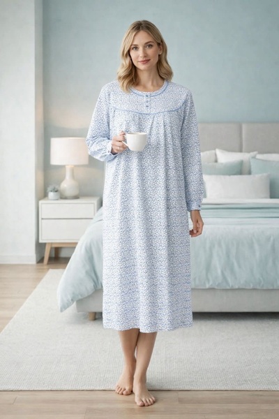 AYSUN TEKSTİL Large Size Long Sleeve Women's (Mom's) Nightgown Small Floral P...