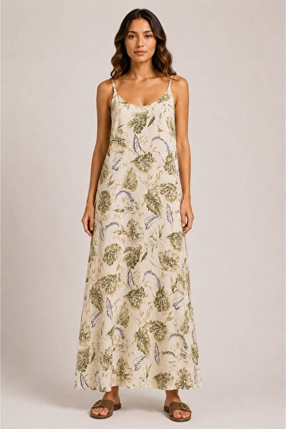 Rouge basıc 100% Cotton Fabric Maxi Linen Dress with Pockets and Straps