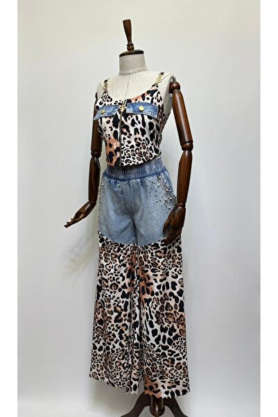 Tatu Leopar Desenli Denim Detaylı Taş ve İnci İşlemeli Crop Bluz Pantolon Takım