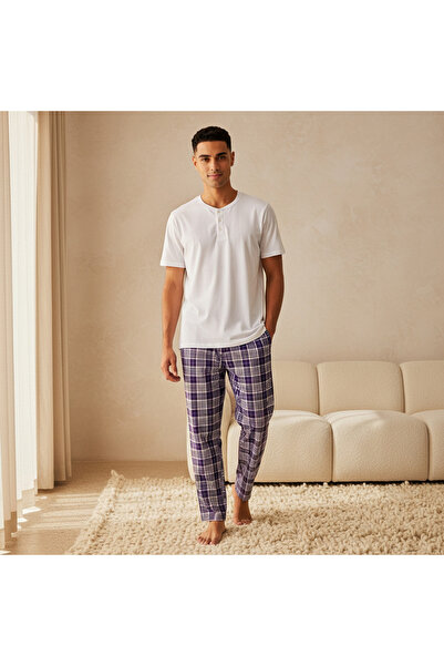 FAV Men Cotton Checked Drawstring Waist Nightwear Set