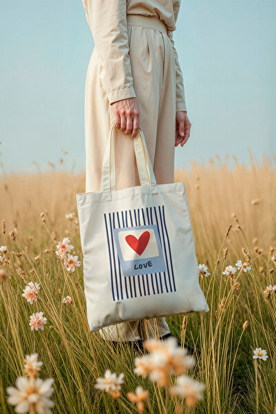 Paytak Moda Love Printed Linen Cloth Bag with Hearts Pytkbc1005