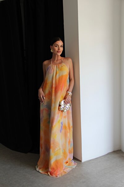 Julidress Rochie lungă din șifon premium, cu decolteu halter, spate decupat ș...