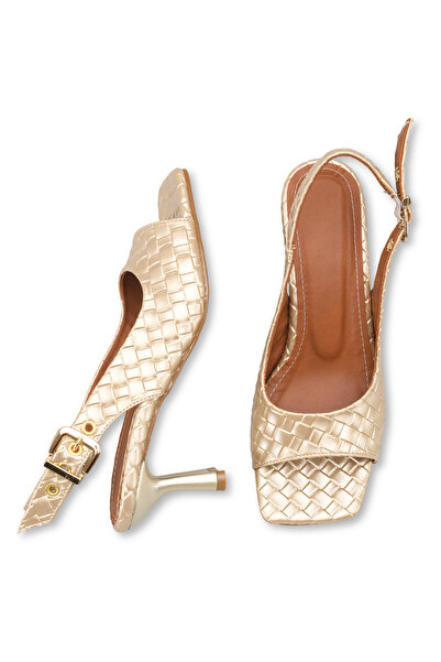 Long Star Women's Gold Knitted Patterned Buckle Thick Heeled Sandals Special ...