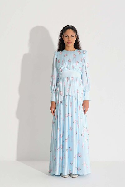 miha Hicran Önal Corset Look Chiffon Satin Dress Blue