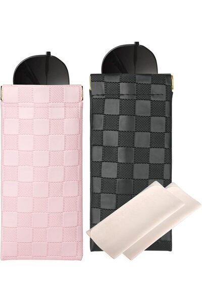 Arabest 2 Pcs Checkered Leather Soft Sunglasses Case,Portable Squeeze Top Eye...