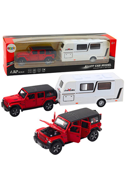 INNY Set Masinuta Teren 1:32 cu Camper, Metal, Culoare Rosie, 35x8x6,5cm