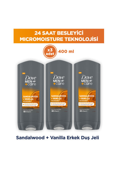 Dove Men +Care Duş Jeli Body, Face&Hair Sandalwood +Vanilla 400 ml x3