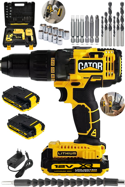 CATOR 12V Metal Şanzıman 24 Parça Uç Setli Çift Akülü Vidalama Şarjlı Matkap