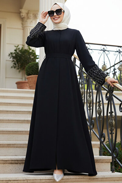 Neva Style Kolları Taş İşlemeli Siyah Tesettür Abaya Elbisee 60041S