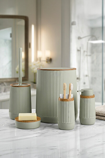 Kitchen Life Nida Green Wood Patterned Eco 5-Piece Bathroom Set