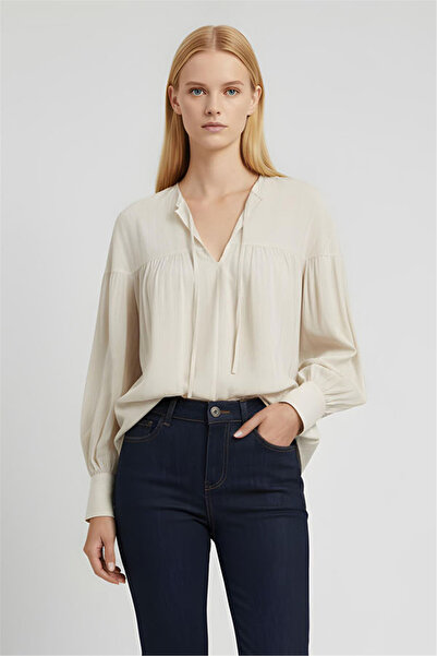 Perspective Beige Striped V-Neck Blouse