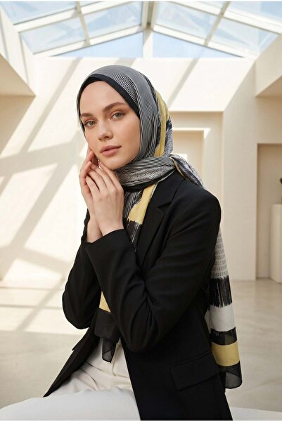 Vissona %100 Saf İpek Şal İnce Saten Vual Dokuma Patchwork Desenli Siyah - Sa...