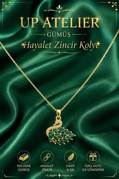 Up Atelier 925 Ayar Gümüş İthal Zincirli Yeşil Zirkon Taşlı Kuğu Model Kolye ...