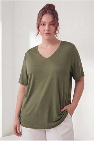 RMG Women's Plus Size V-Neck Viscose T-Shirt Khaki