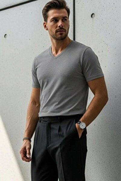 DAMGA JEANS Men's Relaxed Fit Smoked Loose V-Neck T-Shirt