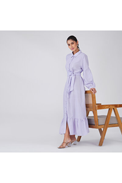 LINELLE Cream-Beige Solid Tiered Belted Maxi Shirt Dress
