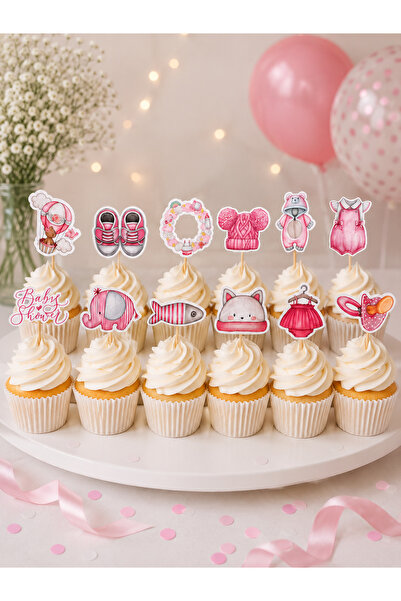 Charmira Store Kız Bebek Cupcake Pasta muffin Süsü 10+2 Adet Pembe Baby Showe...