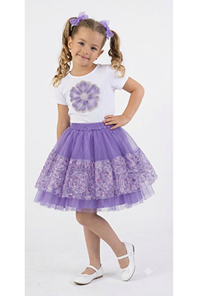 NATS KİDS Girl's Lilac Princess Set Stone Embellished Floral Print T-Shirt an...